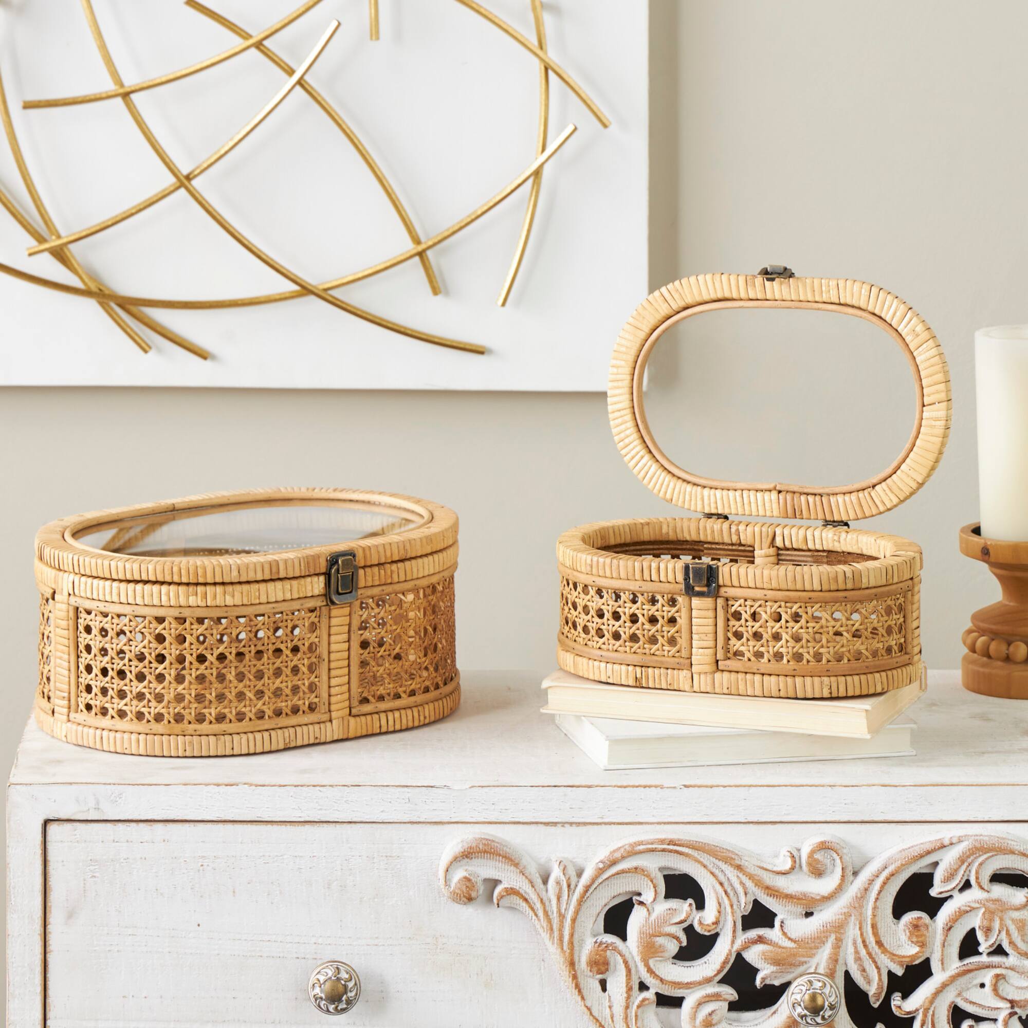 Brown Oval Rattan Storage Box Set with Pane Panels & Glass Tops